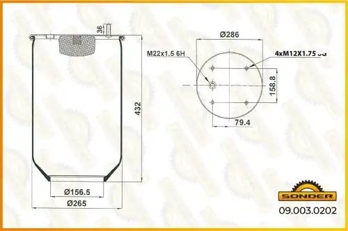 Пневморессора Premium без стакана 4шп.-M12 + 1 отвер.M22 под возд. о.н. 016010S  090030202 SONDER