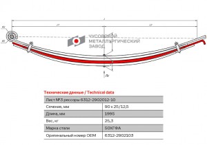 Лист рессоры МАЗ-6501,6312 передней №3 L=1995мм ЧМЗ 63122902103 OMK AUTO