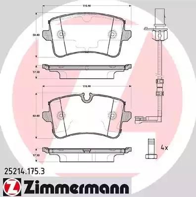 колодки дисковые !задн. 116x60x18 \ Audi A8 3.0FSi/4.2FSi/3.0TDi/4.2TDi Quattro  25214.175.3 ZIMMERMANN