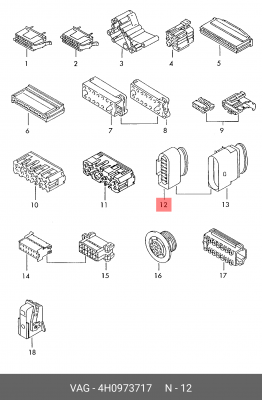 Разъем VW AUDI SEAT SKODA электрический (корпус) (14-ти контактный) OE 4H0 973 717 VAG
