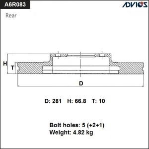 Диск тормозной TOYOTA Camry (V40,V50) задний (1шт.) ADVICS A6R083B ADVICS