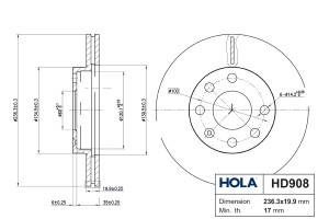 Диск тормозной передний вентилируемый R13 HD908 HOLA