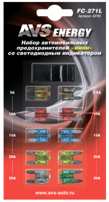 Предохранитель 5-30A флажковый MINI комплект 10шт. со светодиодом AVS 43735 AVS