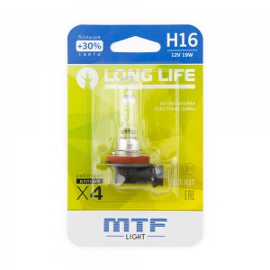 Лампа 12V H16 19W PGJ19-3 +30% блистер (1шт.) Long Life MTF HLL1216B MTF