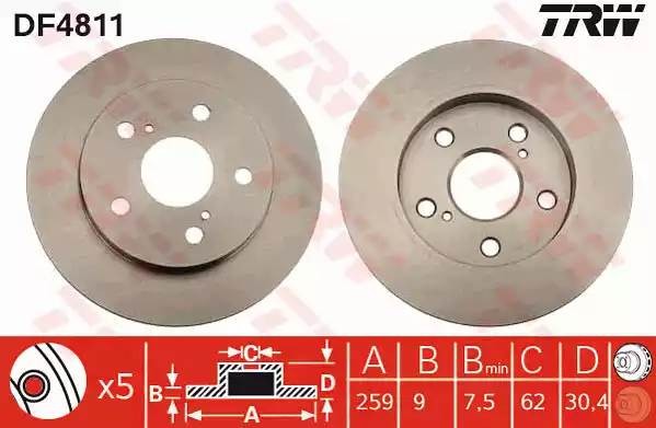 Диск тормозной TOYOTA Corolla (E150) задний (1шт.) TRW DF4811 TRW