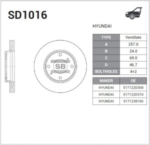 Диск тормозной HYUNDAI ELANTRA 00-/LANTRA/MATRIX 01-/KIA CERATO 1.6 06- передний SD1016 SANGSIN