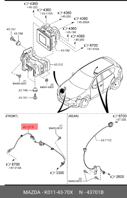 Mazda,Датчик ABS передний Rh K011-43-70X K011-43-70X MAZDA