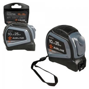 Рулетка AIRLINE 10 м х 25 мм PRO (автостоп, дв. зацеп, дв. шкала) в прорезиненно ATBQ018 AIRLINE