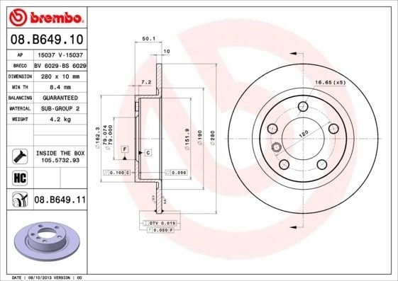 Диск тормозной MINI Clubman (R55),Countryman (R60) задний (1шт.) BREMBO 08.B649.11 BREMBO