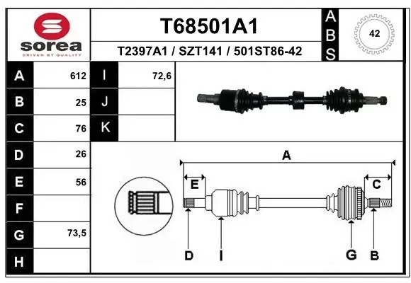 привод левый! 612мм ABS:42th man.\ Suzuki Liana 1.3/1.6 +4WD 01-07 T68501A1 EAI