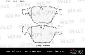 Колодки тормозные передние (без датчика) (Смесь Low-Metallic) (BMW 3 E90/E91/X1  E400302 MILES