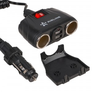 Прикуриватель-разветвитель 2 гнезда + 2USB с витым шнуром, штекер-фиксатор (ASP- ASP-2U-11 AIRLINE