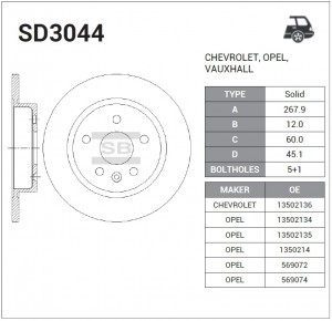 Диск тормозной Opel Astra/Mokka 1.3D/1.4/1.6/1.8/1.7D/2.0D 09 SD3044 SD3044 SANGSIN
