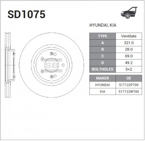 Диск тормозной KIA Sorento, Hyundai Santa Fe 2.0-2.4i/CRDi 09 SD1075 SD1075 SANGSIN