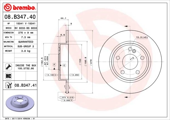 Диск тормозной 08.B347.41 08B34741 BREMBO