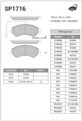 Колодки тормозные дисковые Citroen Jumper 2.2HDi/3.0HDi, Fiat Ducato 2.3D/3.0D 0 SP1716 SANGSIN