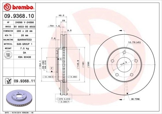 Диск тормозной NISSAN Maxima (00-),Primera (P12) передний (1шт.) BREMBO 09.9368.11 BREMBO