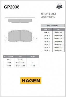 Колодки задние TOYOTA CAMRY V30/V40, HIGHLANDER, CHERY AMULET II 10-14 GP2038 GP2038 SANGSIN