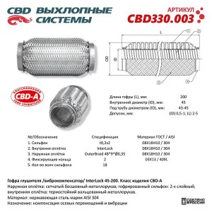 Гофра глушителя 45х200 в 3-ой оплетке interlock нержавеющая сталь CBD CBD330.003 CBD