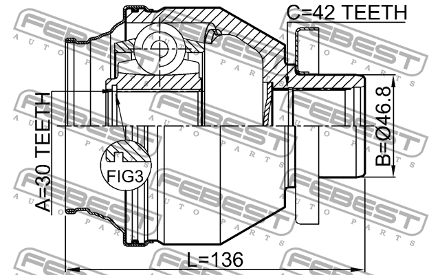 ШРУС внутренний левый 30x46.8x42 VW TRANSPORTER 7J 03-10 2311-T6MTLH 2311T6MTLH FEBEST