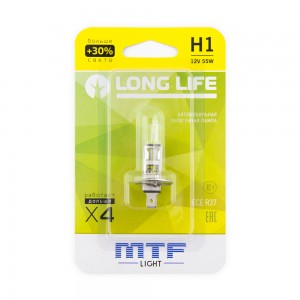 Лампа 12V H1 55W P14.5s +30% блистер (1шт.) Long Life MTF HLL1201B MTF
