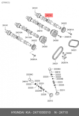 Вал распределительный HYUNDAI Santa Fe (06-) (2.7) выпускной правый OE 247103E010 HYUNDAI KIA