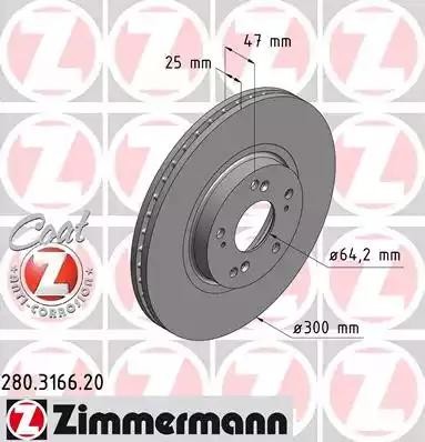 диск тормозной !перед. 300x25/47-5x114 \ Honda Accord 2.0/2.4/2.2i-CTDi 03> 280.3166.20 ZIMMERMANN