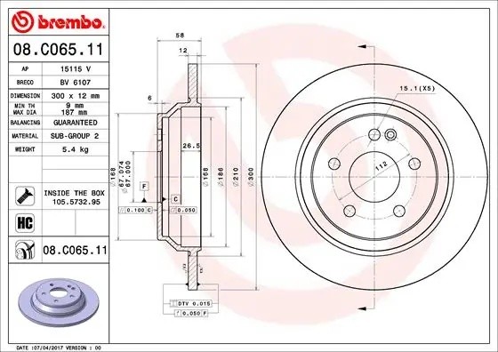 Диск тормозной MERCEDES-BENZ V-CLASS (W447) 08.C065.11 08C06511 BREMBO