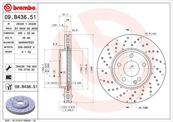 Диск тормозной перфорированный 09.B436.51 09.B436.51 BREMBO