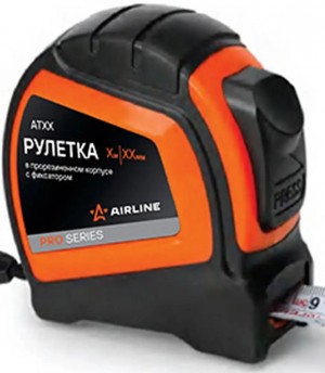 Рулетка AIRLINE 10 м х 25 мм PRO (автостоп, дв. зацеп, дв. шкала) в прорезиненно ATBQ018 AIRLINE