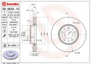 Диск тормозной VOLVO C70 (00-05),S60 (00-09),V70 (96-07) передний (1шт.) BREMBO 09.8633.10 BREMBO