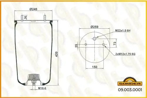 Пневморессора Premium без стакана 2шп.-M12 + 1 отвер.M22 под возд. — 3 года безу 090030001 SONDER