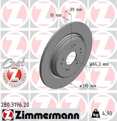 диск тормозной !задн. 310x10/39-5x114 \ Honda CR-V 1.5/2.0 VTEC/e-CVT 16> 280319620 ZIMMERMANN