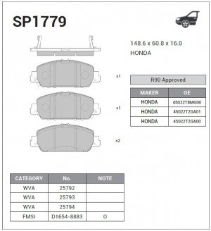 Колодки тормозные передние Honda Accord all 13 SP1779 SP1779 SANGSIN