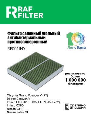 Фильтр воздушный салона INFINITI FX (08-14),QX50,QX56,QX70,QX80 угольный антиалл RF001INY RAF FILTER