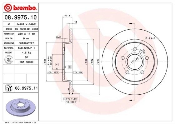 Диск тормозной 08.9975.11 08.9975.11 BREMBO