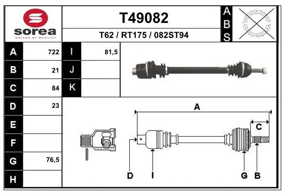 привод правый! 722mm Renault 19 1.2/1.4 JB4/5 88> T49082 EAI