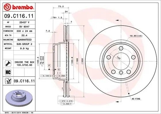 Диск тормозной BMW 2 (F22),3 (F30,F80) передний (1шт.) BREMBO 09.C116.11 BREMBO