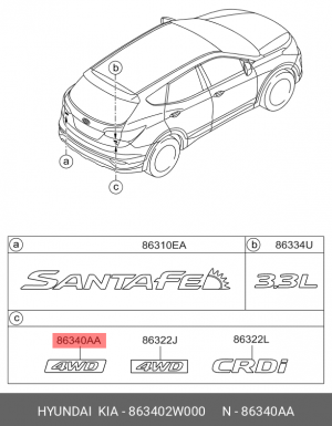 Эмблема HYUNDAI Santa Fe (12-) надпись "4WD" OE 863402W000 HYUNDAI KIA
