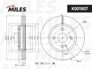 Диск тормозной MAZDA 2 07- передний вент.D 258мм. d 55mm K001907 K001907 MILES