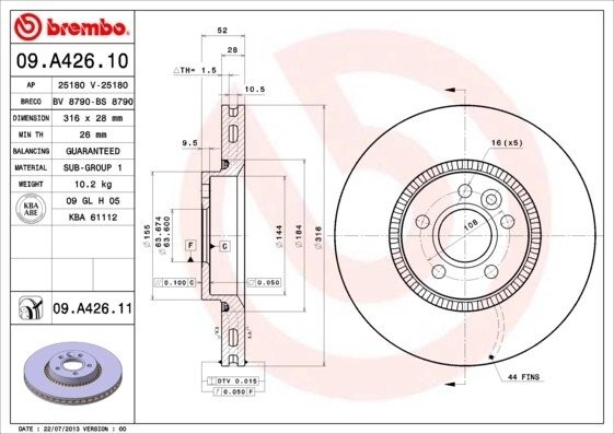 Диск тормозной Brembo Painted Disc 09.A426.11 09.A426.11 BREMBO