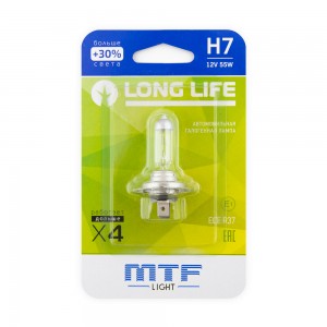 Лампа 12V H7 55W PX26d +30% блистер (1шт.) Long Life MTF HLL1207B MTF