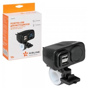 Розетка для мотоциклов "AIRLINE" (USB, с вольтметром и термометром (5В, 2.1А+2.1 AEBJ209 AIRLINE