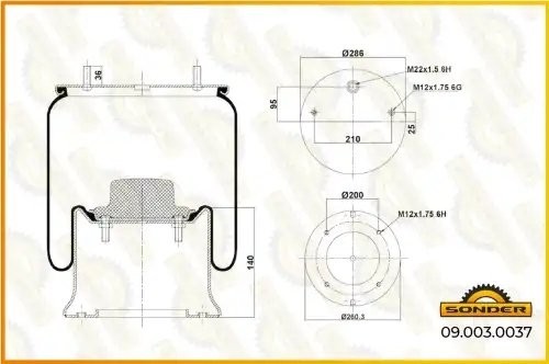 Пневморессора Premium со стаканом (металл) SAF 2 шпильки +  1 отв. воздух — 3 го 090030037 SONDER