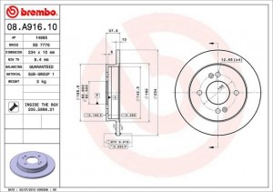 08.A916.10 диск тормозной задний!\ Kia Picanto 1.0/1.1/1.1D 04> 08.A916.10 BREMBO