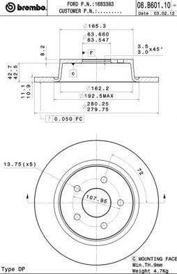 Диск тормозной FORD C-MAX II (DXA/CB7, DXA/CEU) 08.B601.10 08.B601.10 BREMBO