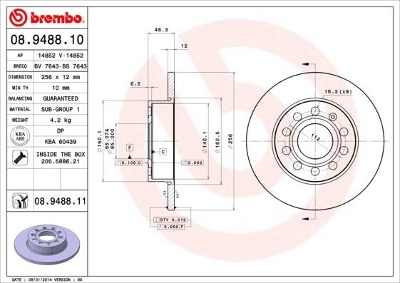 08.9488.11 диск тормозной задний!\ Skoda Octavia, VW Golf/Touran 1.4-2.0TDi 03> 08.9488.11 BREMBO