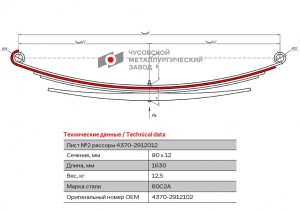 Лист рессоры МАЗ-4370 задней №2 L=1630мм ЧМЗ 43702912102 OMK AUTO