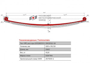 Лист №1 рессоры передней для Volvo 257933-1 FM 12, FM 9, FM 3 листа 1002803VV290210110 OMK AUTO