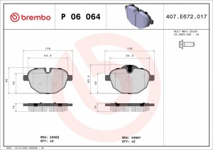 Колодки тормозные BMW 5 (F10),X3 (F25) задние (4шт.) BREMBO P06064 BREMBO